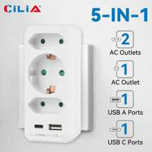 CILIA 1/2 Pcs 5-In-1 Multi Outlet Adapter Extender With USB,Type-C And 3 European Socket - European Converter For Home, Office,Travel,White