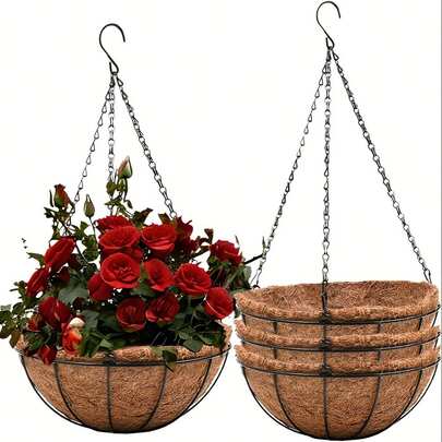 1pc Hanging Planters Basket Set Of 3 Hanging+ Chain Round Wire Plant Holder And 10inch With Coconut Padding, Perfect For Living Room Balcony Indoor And Outdoor Garden, Porch, And Balcony Decoration Home Decoration And Storage Products