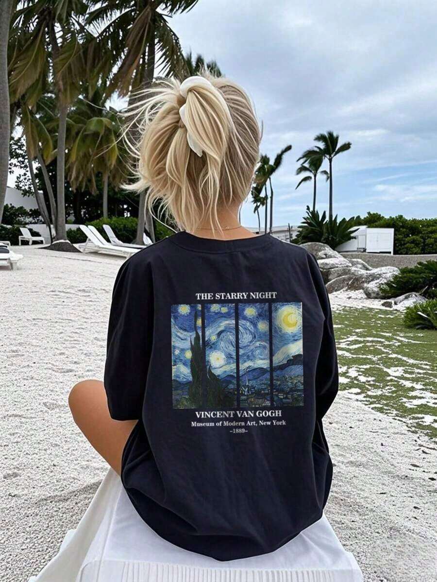 Women's Summer Personalized Letter Printed Pattern Round Neck-Shirt Fashionable And Versatile Women's Half Sleeve Small Shirt With Van Gogh Starry Print. Graphic Tees Women Pink Top White Top Black Top - 黑色 - 查看 1