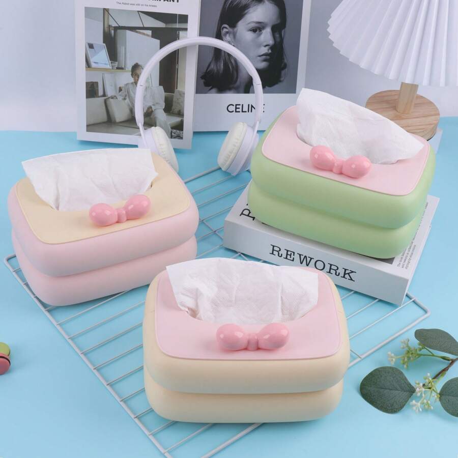 Creative High-End Tissue Box, Living Room Paper Box, Bow Tissue Box, Dopamine Tissue Box, Household Paper Box, Cute Ribbon Spring Tissue Box, Pink, Creamy Yellow, Light Green