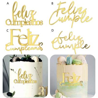 1pc/3pcs/6pcs Gold Spanish Happy Birthday Cake Topper Acrylic Crown Cake Decoration Picks, For Birthday Party Cake & Dessert Decor