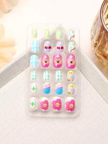 （168 件 7 包）和（24 件 1 包）儿童亚克力假指甲按压式预粘全覆盖闪光涂鸦熊、小狗、兔子和其他元素短儿童粘贴式假指甲套装适合儿童小女孩 - 可爱动物园主题