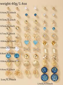 Set de 30 pares de Aretes tipo Pendiente de Perlas Falsas de Metal con diseños versátiles de conchas, lazos, flores, estrellas, corazones, redondos y geométricos, adecuados como regalo para mujeres y uso diario