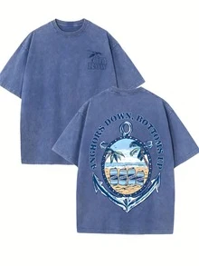 Old Row, Summer Carnival, Would You Like A Bottle Of Beer? Retro Fashion Casual Coconut Tree Beach Beer Sea Pattern Printed 230g Washed Cotton T-Shirt Is A Single Item Made Of High-Quality Printed Cotton, Suitable For Men's Summer Wear. This Is A Vintage Fashion Brand That Offers Loose, Soft, Comfortable, And Casual Navy Blue T-Shirts Suitable For Outdoor Wear In Summer. It Has A Certain Thickness, Suitable For Daily Wear, Friend Gifts, And Back To School Gifts, And Is A Must-Have For Vacations. - 寶藍色 - 查看 1