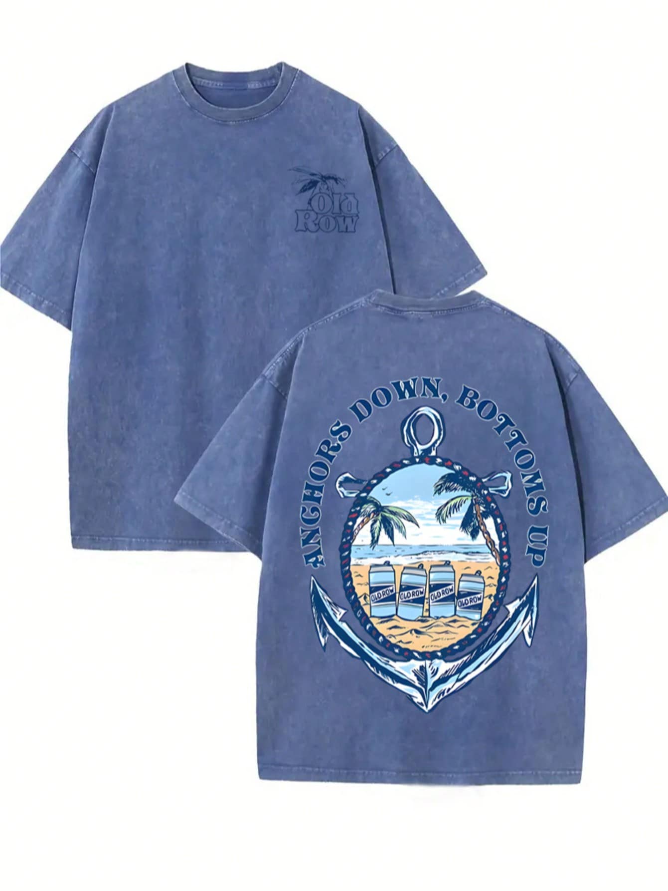Old Row, Summer Carnival, Would You Like A Bottle Of Beer? Retro Fashion Casual Coconut Tree Beach Beer Sea Pattern Printed 230g Washed Cotton T-Shirt Is A Single Item Made Of High-Quality Printed Cotton, Suitable For Men's Summer Wear. This Is A Vintage Fashion Brand That Offers Loose, Soft, Comfortable, And Casual Navy Blue T-Shirts Suitable For Outdoor Wear In Summer. It Has A Certain Thickness, Suitable For Daily Wear, Friend Gifts, And Back To School Gifts, And Is A Must-Have For Vacations. - 寶藍色 - 查看 1