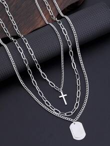 3pcs/Set Men's Punk Minimalist Geometric Cross Beaded Necklace, Suitable For Everyday Wear - Silver - View 5