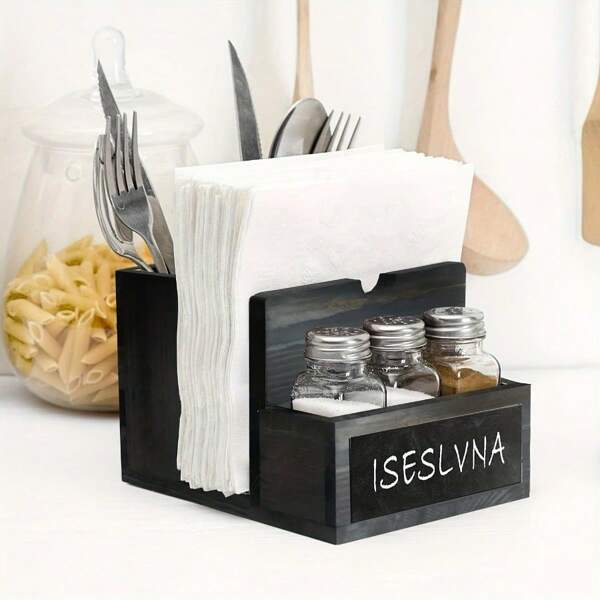 Portanachas rústico, dispensador de servilletas de papel, para mesa de comedor, cocina, comedor, caja de almacenamiento de cubiertos/especias, estante de papel toalla vertical para encimera, organizador de condimentos con fuente de pizarra personalizable