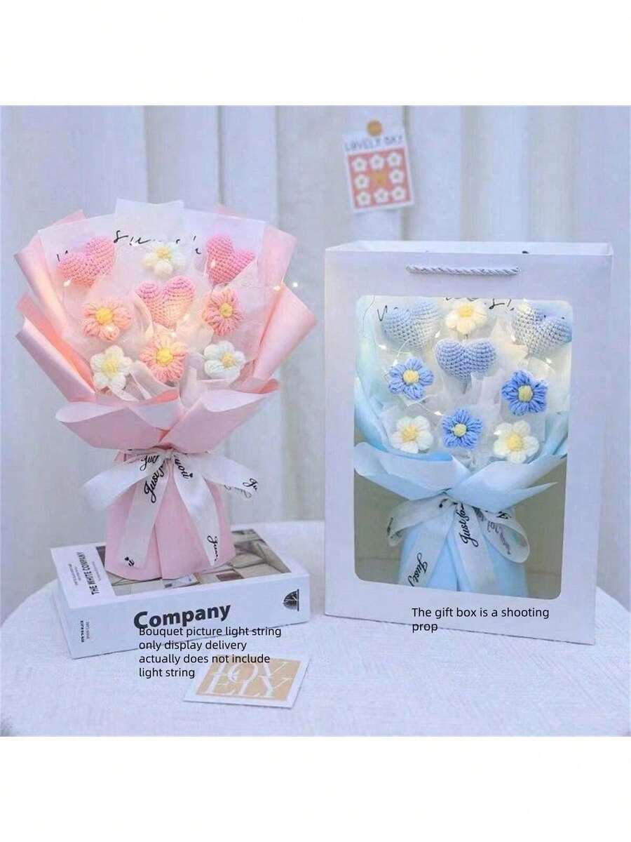 1pc Handmade Woven Heart-Shaped Flower Bouquet Gift, Valentine's Day, Birthday Gift For Lover, Mom, Women - Multicolor - View 1