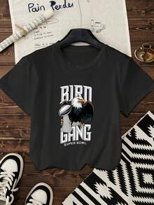 Women's Letter Printed Round Neck Short Sleeve Simple Casual Daily T-Shirt Tops - Black - View 1