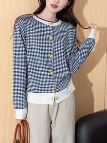 女士优雅千鸟格纹圆领开衫，适合秋冬季 - 藍白色 - 查看 3