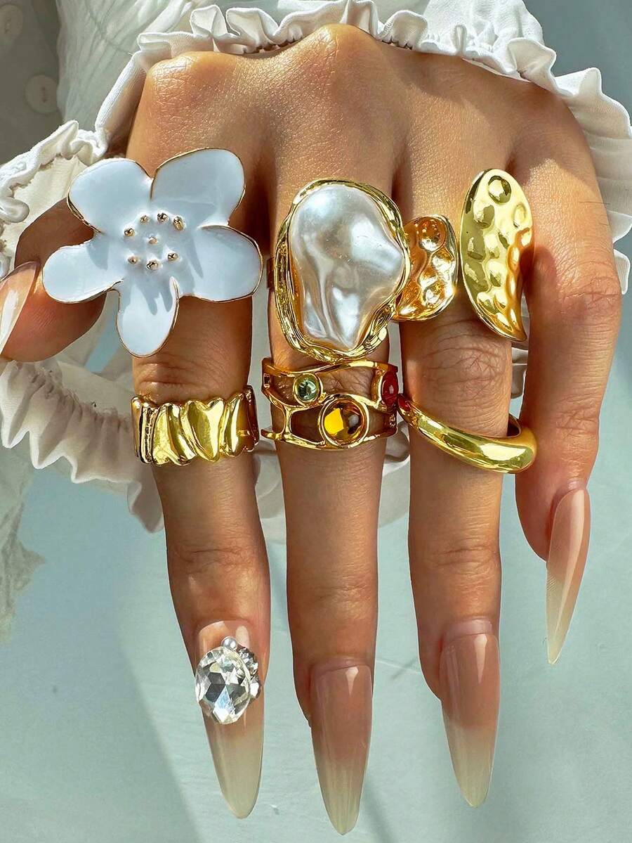 Bộ 6 chiếc/bộ trang nhã sang trọng đa năng tinh tế cá nhân hóa quyến rũ độc đáo cao cấp nhỏ giọt dầu ngọc trai trắng bộ nhẫn hợp kim cho phụ nữ, thích hợp cho bãi biển, đi làm, ngày lễ, đồ trang sức dự tiệc - Nhiều màu - Xem 1