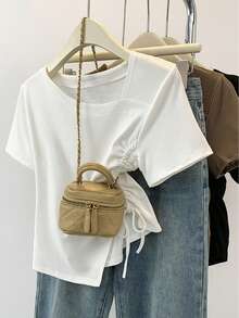 夏季新款休闲不对称设计抽绳短袖T恤 - 白色 - 查看 3