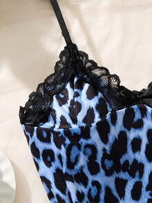 1 pezzo Camicia da notte sexy da donna, abito sottoveste con spacco, orlo in pizzo a contrasto con stampa leopardata - Blu reale - Visualizzare 3