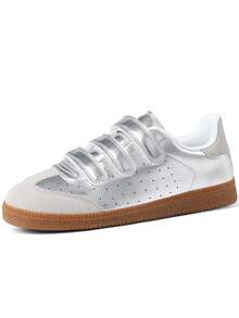 Comfortable Women's Sneakers Punk Metal Round Toe Buckle Design Ladies Flat Sneakers Casual Spring Summer Shoes Women - Bạc - Xem 3