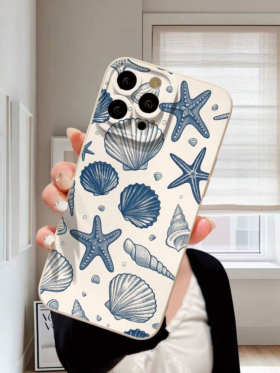 1 Stück modischer, minimalistischer beiger TPU-Stoßschutz-Kameraobjektiv-Schutzhandyhülle mit Muschel- und Seesternmuster, kompatibel mit Apple/OPPO/Vivo/Redmi Serien - Beige - Übersicht 1