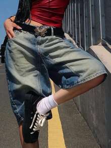 Women's Pocketed Wide Leg Loose Retro Split Jeans (Belt Not Included) - Medium Wash - View 3