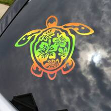 Sea Turtle Hibiscus Flower Car Sticker, Vinyl Die-Cut Floral Turtle Decal For Car Truck Window Laptop, Cute Car Decor Accessories