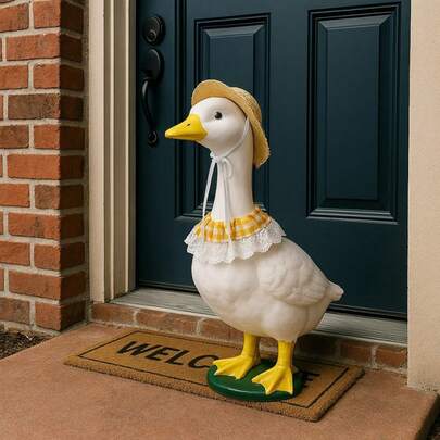 Summer Porch Goose Outfit Lace Trim Plaid Bandana And Straw Hat Lawn Goose Statue Clothes For Yard Art Decoration