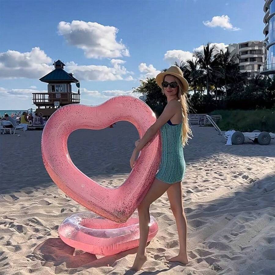 1個透明亮片游泳圈，粉紅色成人游泳圈，夏季大尺寸海灘游泳浮床