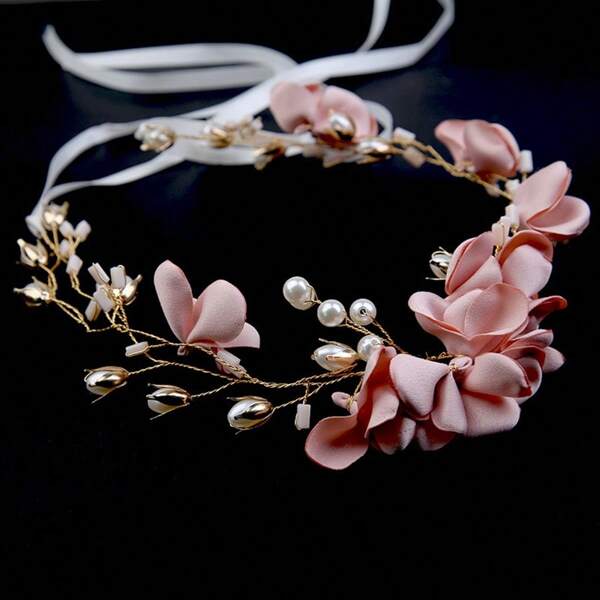 1 pieza Diadema para mujer de metal y aleación y tela con flor, accesorio de pelo para boda con corona de flores de perla hecha a mano