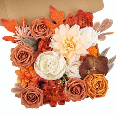 1 Set Artificial Fall Flowers Orange Combo Box Set Rose Fabric Mix Peony, Fake Flowers With Stems For DIY Bridal Wedding Bouquets Centerpieces Shower Party Home Decorations