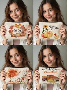 1pc Autumn Pumpkin Maple Leaf Tree Alphabet Linen Print Cosmetic Bag, Cute Travel Makeup Case And Multi-Function Coin Purse, Lightweight Gift Essential For Women