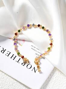 1pc Dopamine Colorful Zirconia 18K Gold Plated Ladies Bracelet.Gorgeous And Colorful Zirconia Decorative Bracelet,Stylish And Simple Summer Jewelry,Elegant Jewelry Gift.Suitable For Daily,Vacation,Party,Wedding,Gift.Valentine's Day Gift,Birthday Gift.