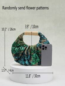 Geantă de plajă pliabilă, colorată, cu model floral, frunze și nori, din PVC, cu paiete și plasă, model patchwork (model floral trimis aleatoriu) - Verde - Vizualizare 2