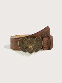 2pcs Unisex Heart Print & Solid Color Western Style Vintage PU Leather Belt, Suitable For All Seasons Fall, Autumn, Halloween