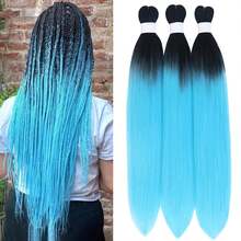 Ombre Blue Braiding Hair Pre Stretched Colored Hair Extensions For Knotless Braids 24inch 3pcs Black And Sky Blue Ombre Braiding Hair Prestretched - Đen/Xanh nhạt - Xem 2