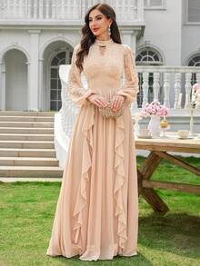 MIUSOL Robe longue de soirée formelle ajustée avec encolure ajourée en dentelle, manches lanternes et ourlet à volants, élégante robe de soirée pour femmes, convient pour les fêtes formelles, les cérémonies de remise de diplômes - Champagne - Voir 7
