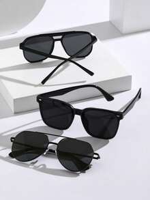 3 件现代简约风格男士塑料金属几何眼镜组合，适合户外休闲活动街拍节日礼物度假服装配饰，适合夏季海滩度假、户外、旅行 - 灰色 - 查看 3