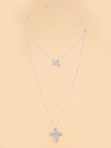 1pc Fashionable Floral Double Layer Crystal Rhinestone Pendant Long Necklace, Elegant Stage Accessories - Flower - View 4