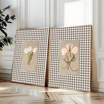 Set Of 2 Unframed Brown Gingham Botanical Tulips Floral Vintage Wall Art Poster Canvas Print Minimalist Flower Farmhouse Cottagecore Decor Retro Painting For Apartment,Living Room,Bedroom,Modern Home Decoration