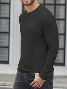 SANOPY Men's Slim Fit Sports Round Neck Elastic Vertical Striped Long-Sleeved T-Shirt Casual Bottoming Top - 黑色 - 查看 4
