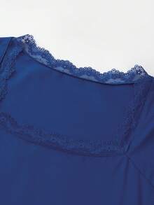 Women's Spring Fall Lace Trim Blouses Long Sleeve Square Neck Slim  Party T-Shirt - 藍色 - 查看 3
