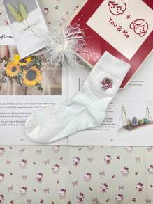 Sanrio 2 Pairs Sanrio Women'S Mid-Calf Socks - Cute For Hello Kitty Embroidered Pattern, White, Soft, Breathable, Sweat Absorbent, 200g/M² Fabric, Hand Wash Or Dry Clean, Solid Color, Perfect For Casual Or Formal Wear, Cute Sock