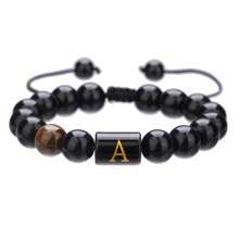 1pc Natural Black Agate 26 Letter Beaded Adjustable Braided Bracelet, Suitable For Various Occasions Like Festivals, Sports, Casual, Business Wear