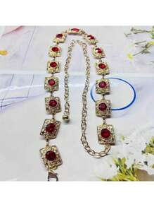 Vintage Mirrored Elastic Belt For Women, Decoration Agate Crystal Waist Chain, Metallic Chains, Zinc Alloy Crystal Metal Waistbelt, Suitable For Weddings, Spring/ Summer/Autumn/Winter Summer