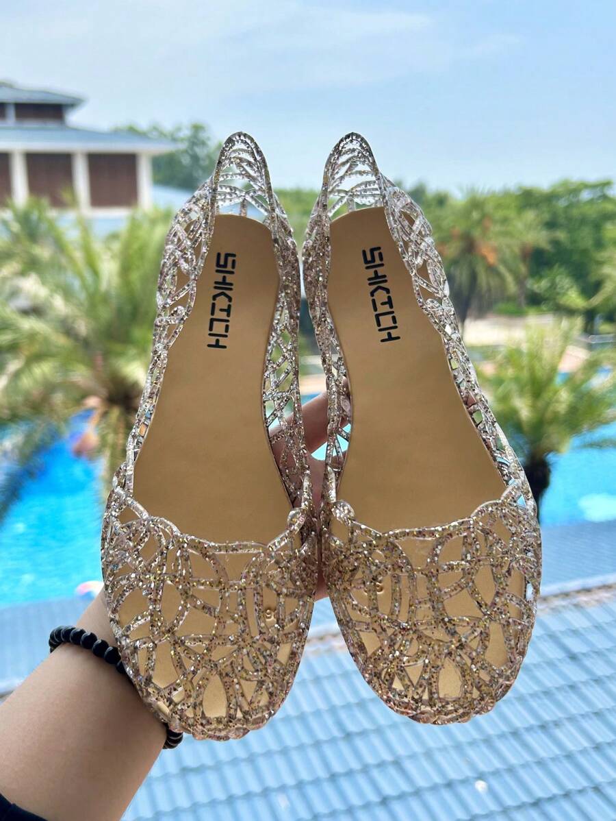 Women's Summer Closed Toe Flat Jelly Crystal Sandals, Hollow-Out Soft Beachside Shoes