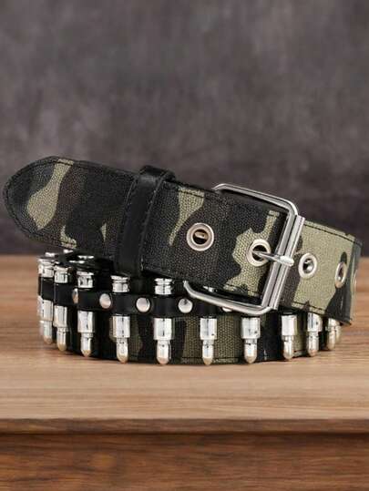 1 Piece Bullet Belt Rivet Men's Punk Style Belt, Versatile Personalized Decoration Belt Camouflage Outdoor Belt, Green Bullet Head Decoration Camouage Belt