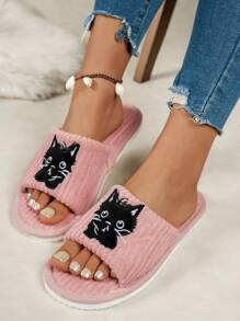 Cat Embroidered Plush Open-Toe Slippers For Women, Cute & Fashionable Indoor Slippers, Comfortable Breathable Fit For All Seasons, Suitable For Home, Bedroom, Living Room, Dorm