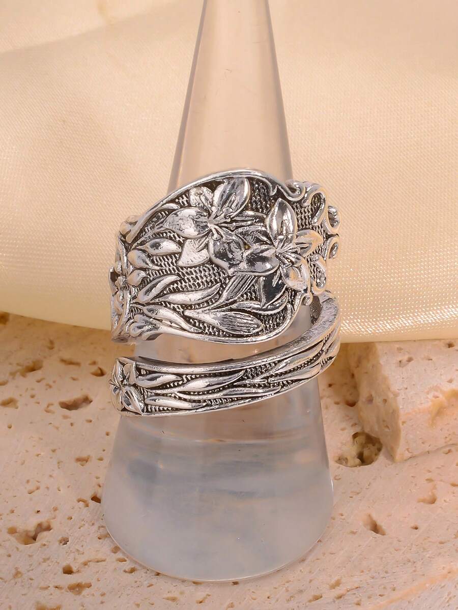 1 件复古花卉图案金属可调节男士开口戒指 - 復古銀色 - 查看 1