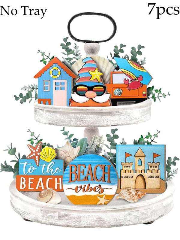7pcs Summer Tiered Tray Decor, Beach Tray Decorations Set, Coastal Sand Castle Gnome Crab Truck Starfish Wooden Signs, Farmhouse Sea Ocean Home Decor For Table Mantel Office Holiday Party, Tray Not Included