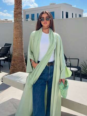 1 pieza Vestido de mujer de seda satinada de unicolor y estilo medio oriental, elegante vestido largo tipo cárdigan/abaya maxi adecuado para uso diario y festivales