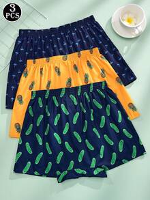 3 Pcs/Pack Men's Breathable Elastic Waist Printed Boxer Shorts, Loose Casual Underwear