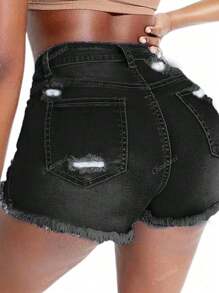 Edgy Mid-Rise Slim-Fit Stretch Shorts – Distressed & Frayed Hem For Look