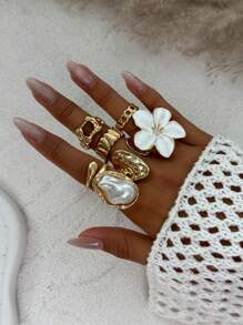 6pcs/7pcs Set Vintage Geometric Flower Embellished Ringed Jewelry Set, Luxury Casual Everyday Rings For Women, Couples, Holidays, Birthdays, Versatile Accessory Gift