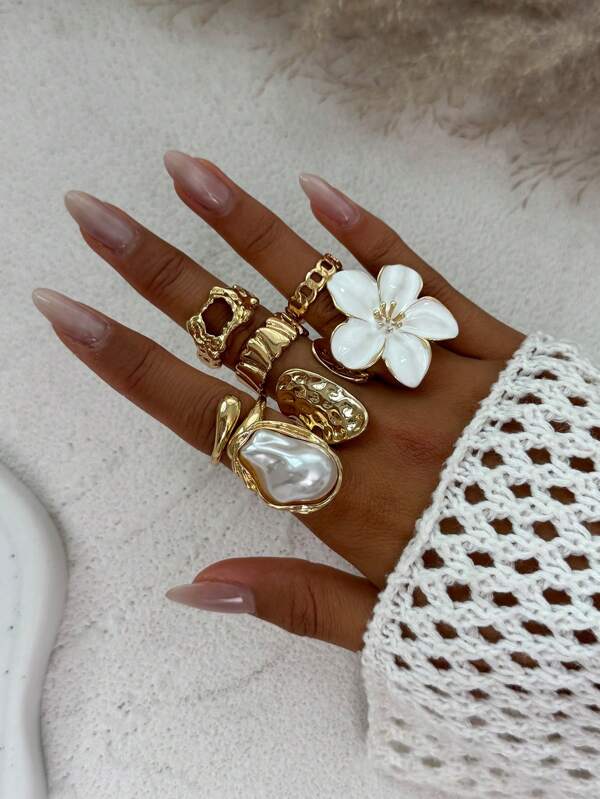 6pcs/7pcs Retro Geometric Flower Encrusted Jewelry Ring Set, Luxurious Elegant Casual Daily Wear Rings Gift For Women Men Couple Festivals Birthdays, Versatile