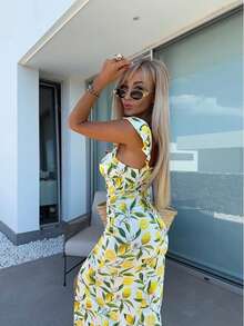 Đầm họa tiết hoa phong cách Bohemian thanh lịch xẻ cao, thích hợp cho kỳ nghỉ hè. - Màu vàng - Xem 5